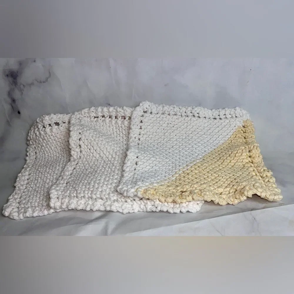 3 Vintage Hand Knit Washcloths Dish Rag ⚡️